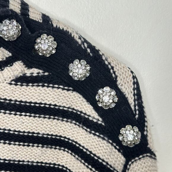 J. CREW Cable Knit Mockneck Pullover Stripe Jewel Button Black Cream Sz L {3W15} - Picture 6 of 8